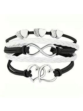 Black & White Leather Multi Layer Double Heart Infinity Bracelet